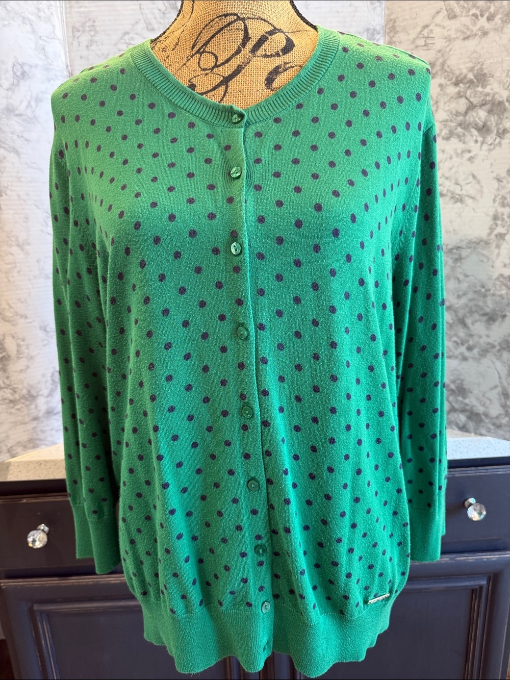 Ellen Tracy Green and Navy Cardigan Sweater